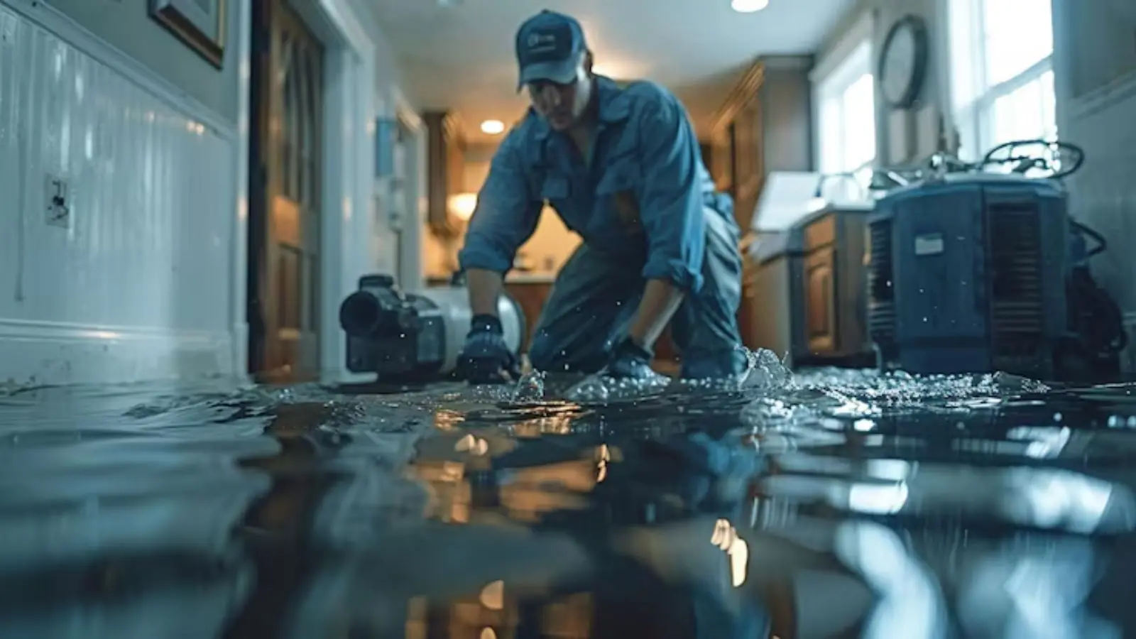 Restoration technician running water extraction equipment in a flooded kitchen
